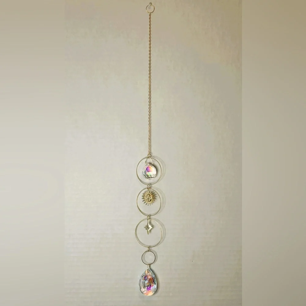 Hanging Gold Crystal Suncatcher Colorful Prism Pendant 16in